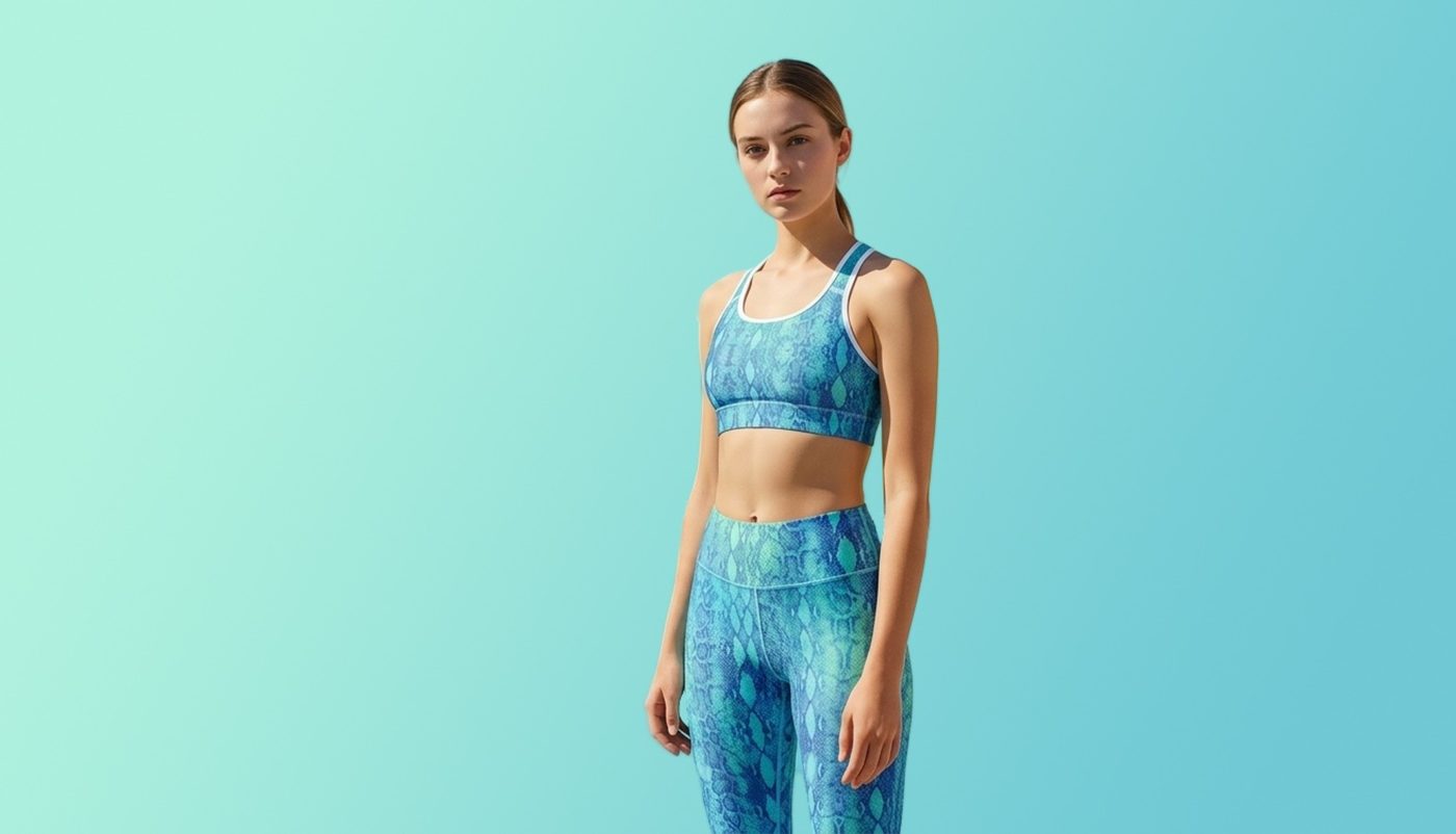 TAO Infinity model in blue Ocean Snake sports bra and leggings on a mint background